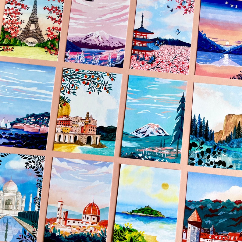 Pack of 15 Papio Press Postcards with Travel Illustrations, Mt. Rainier, Florence, Japan image 2