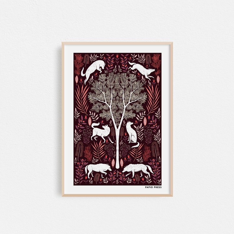 Folk Wolves, Animal Print, Wolf Wall Art, A4 or A3 Artists Print image 1
