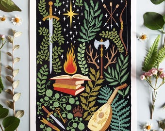 May include: A rectangular art print on a black background featuring a central stack of books with a flame above, surrounded by a sword, a bow and arrows, an axe, a lute, a key, a bear paw print, and various green botanical foliage elements.