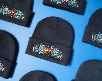 Tiger Jungle Embroidered Beanie // Navy Tiger Winter Hat