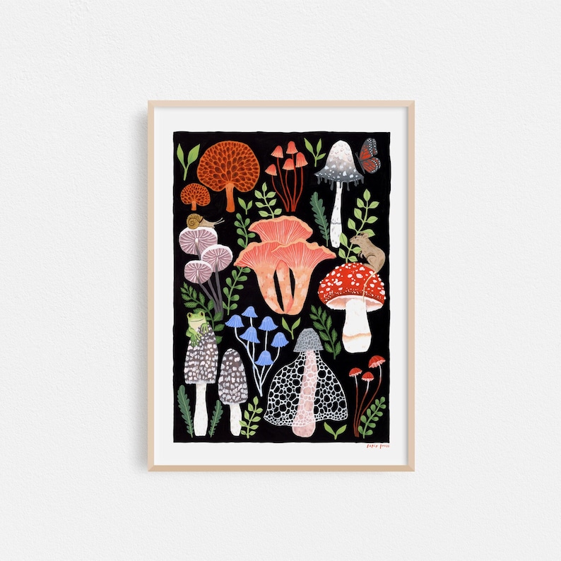 Mushrooms, Botanical Art Print, Mushroom Decor, Housewarming Gift, A4 or A3 Artists Print image 1