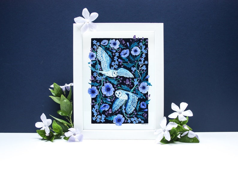 Night Owls Floral Painting Print A4 or A3 Artists Print image 2