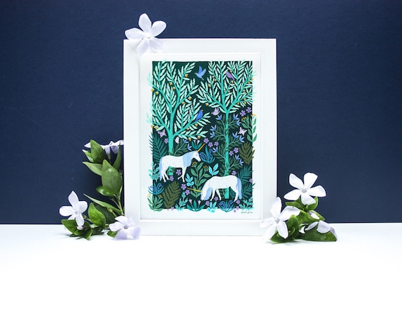 Unicorn Forest // Botanical Art Print // A4 or A3 Artists Print 