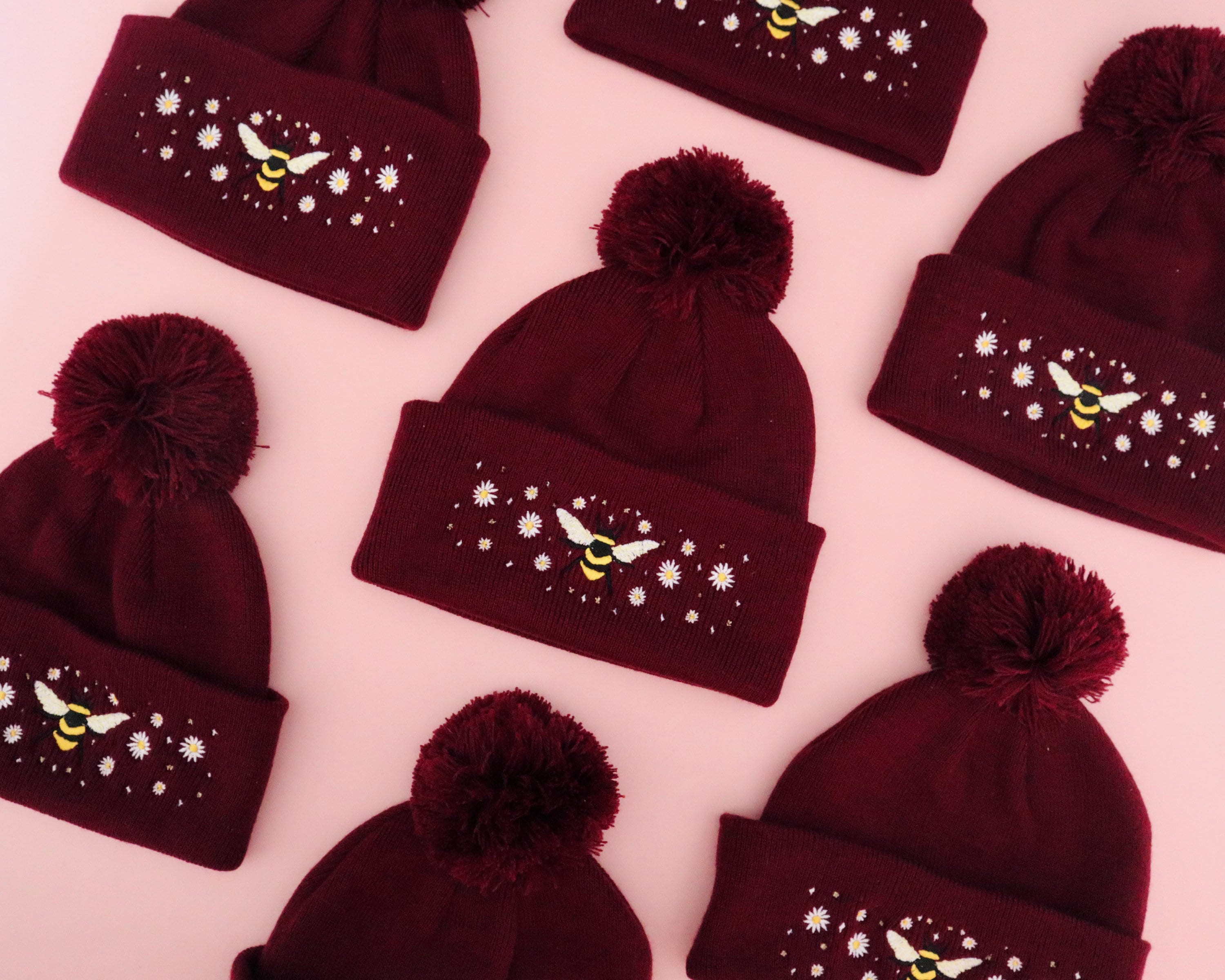 Bee Beanie, & Daisy Embroidered Beanie // Burgundy Wooly Winter Hat