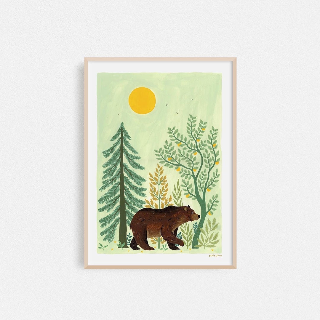Bear in Woods Art Print: Forest Illustration - Etsy