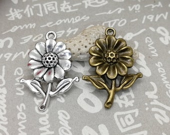 6/20 pièces métal fleur floral branche feuille pendentif collier boucle d'oreille porte-clés charme bijoux trouver antique bronze argent couleur AM0281