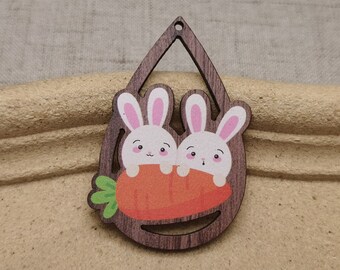 6/20/100 pieces Easter Bunny Rabbit Carrot Wooden Teardrop Pendant , Printed Painted Wood Craft Cutout Earring Dangle Finding Charm , AW0582