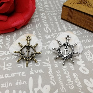 10/50 Pieces Metal anchor rudder helm Pendant Necklace Earring Keychain Charm , Handmade Jewelry Finding Antique Bronze Silver Color AM0674