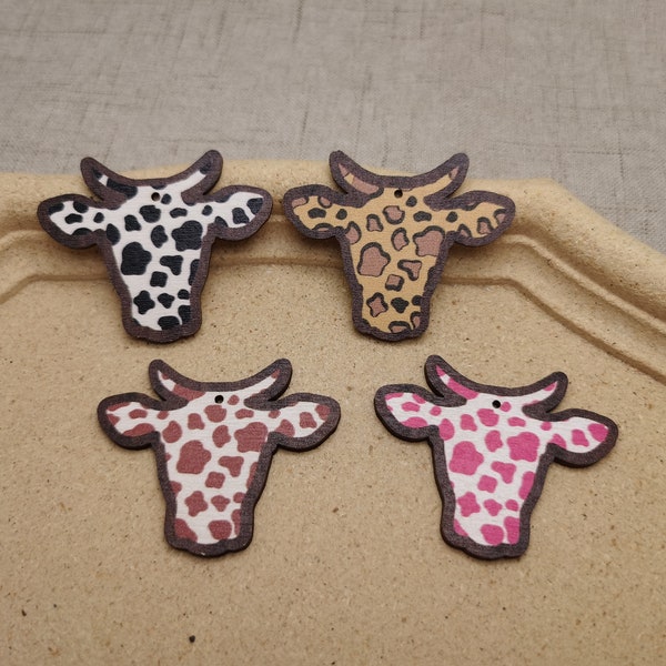 6/20/100 pcs Bull Cow Cattle ox Head Wooden Pendant , Printed Painted Wood Craft , Wood Cutout Teardrop Earring Dangle Drop DIY Charm AW0192