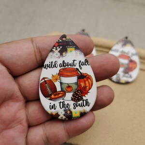 6/20/100 pcs Autumn Thanksgiving Teardrop Wooden Pendant , Printed Painted Wood Craft Natural Wood Cutout Earring Dangle Drop Charm , AW0155