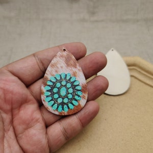 6/20/100 pcs Turquoise Pattern Teardrop Wooden Pendant , Printed Painted Wood Craft , Natural Wood Cutout Earring Dangle Drop Charm , AW0134