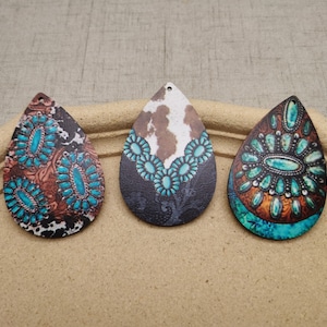 6/20/100 pcs Turquoise Pattern Teardrop Wooden Pendant , Printed Painted Wood Craft , Natural Wood Cutout Earring Dangle Drop Charm , AW0089