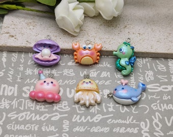 6/20 pieces plastic marine animal whale jellyfish hippocampus octopus sea shell conch crab pendant charm ,  resin jewelry DIY finding AP0861