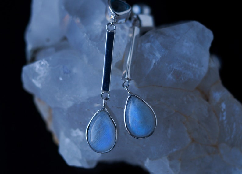 Long silver with Rainbow Moonstone and Topaz Silver bar earrings Sterling silver moonstone long earrings