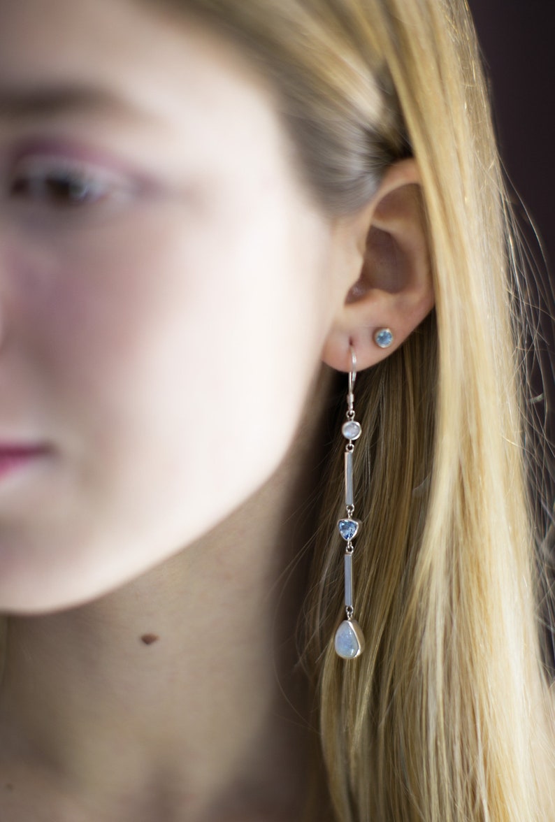Long silver with Rainbow Moonstone and Topaz Silver bar earrings Sterling silver moonstone long earrings