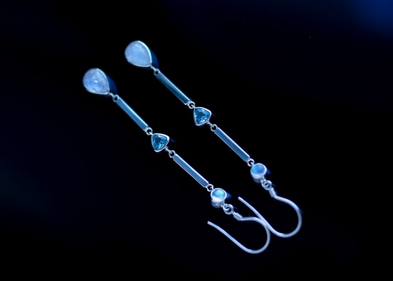 Long silver with Rainbow Moonstone and Topaz Silver bar earrings Sterling silver moonstone long earrings