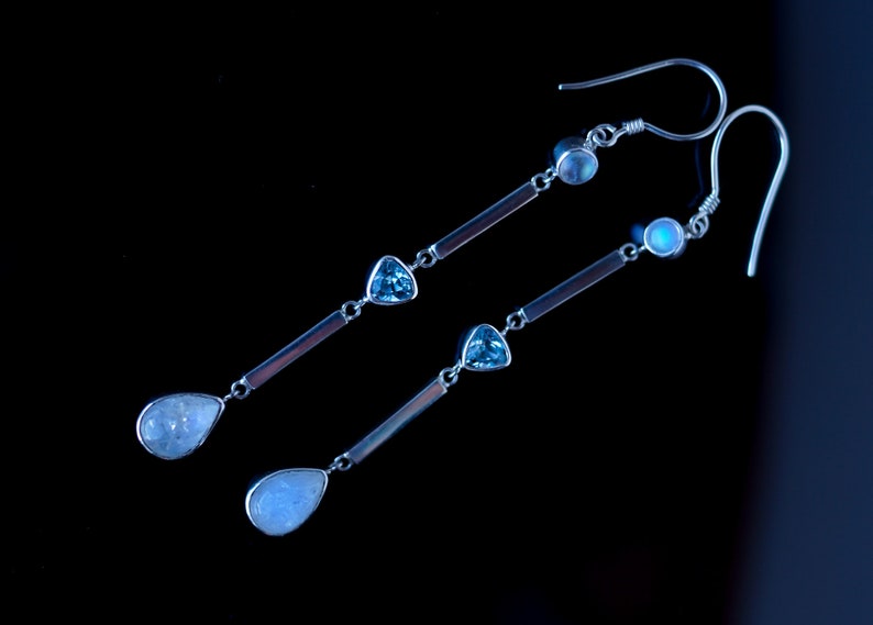Long silver with Rainbow Moonstone and Topaz Silver bar earrings Sterling silver moonstone long earrings