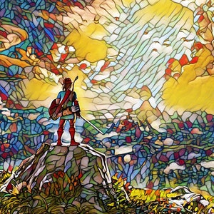 May include: A stained glass style illustration of a video game character standing on a rock, looking out at a colorful, abstract landscape.