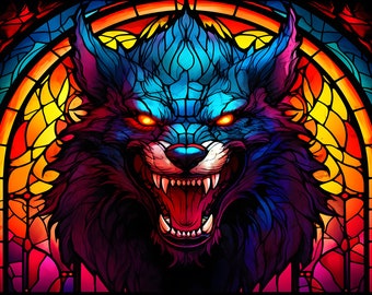 サンキャッチャーガラス - 狼男デザイン - 手作りステンドグラス風装飾