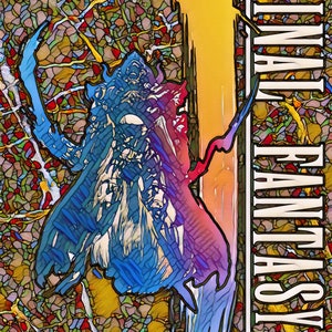 Puede incluir: Una ilustración de estilo vitral de un personaje de la serie de videojuegos Final Fantasy. El personaje está representado en un esquema de colores azul y morado, con una espada en la mano. El fondo es un mosaico de piezas de vidrio de colores. El texto "FINAL FANTASY" está escrito en blanco en el lado derecho de la imagen.