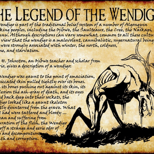 Sztuka ścienna Wendigo: legenda mitycznego stworzenia Wendigo, wystrój ciemnego lasu, przerażająca sztuka chaty