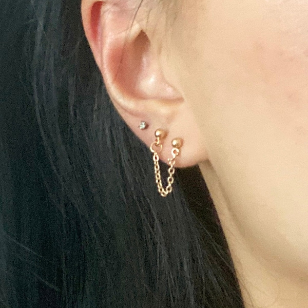 Dainty Double Gold Stud earring, Double stud chain earring, Double piercing earring set, stud chain earrings, simple gold stud
