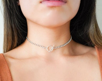 Toggle silver chain choker necklace, Dainty chain necklace, toggle necklace