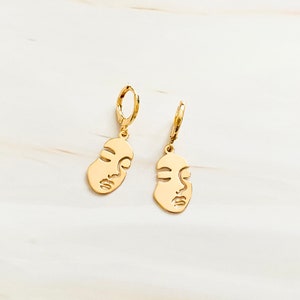 Small Gold Abstract Girl Huggie Hoop Earring, Statement earring, Picasso earring, silhouette earring, Hallow face earring