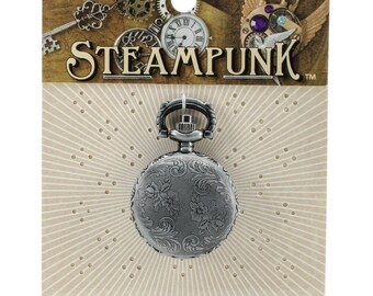 Solid Oak Steampunk Small Pocket Watch Case Silver Metal Pendant (1 Pack)