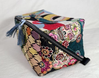 Trousse de maquillage patchwork tissus jacquard, sac à projet, sac encours tricot,