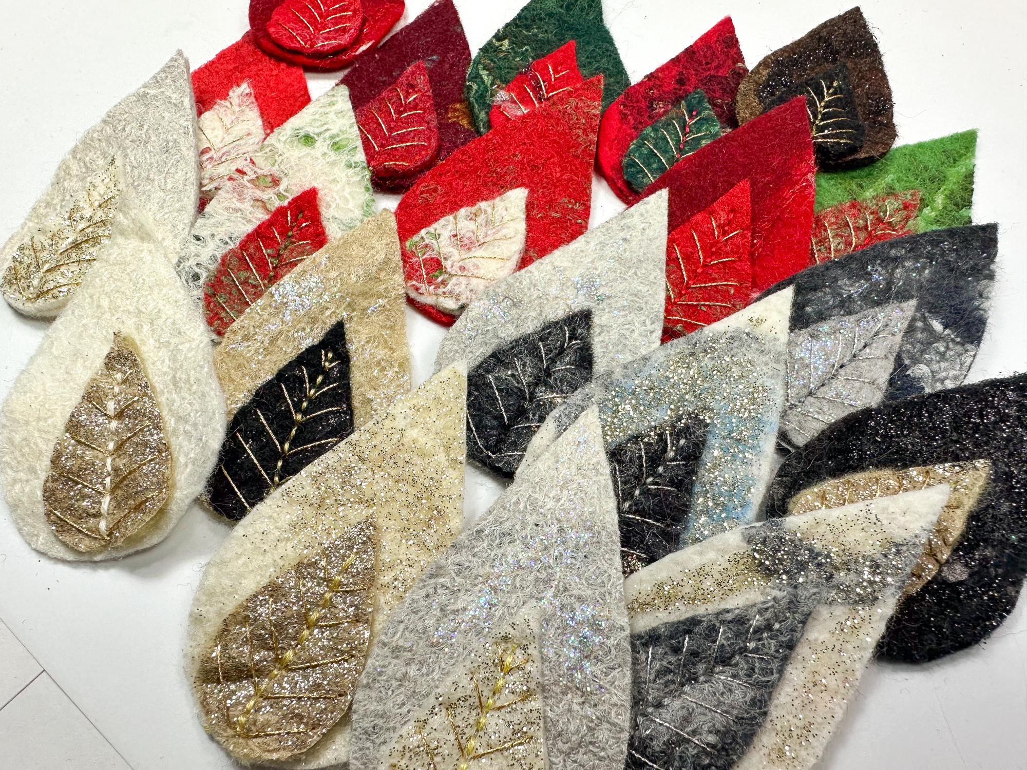 5 pc-lot of 5 hand embroidered felted wool leaf patches, sequins, 5 felt leaf badge for parties