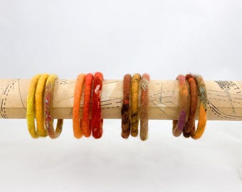 SET of 3 bangle bracelets, autumn tones, assorted warm colors, felted wool and silk cords