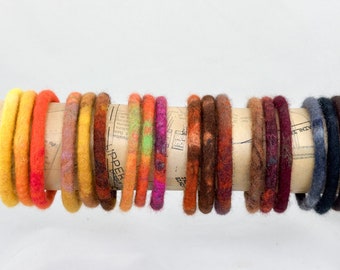 Set of 3 bangles in warm colors, felted wool cords - Hand felted bangle bracelet