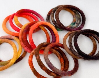 Set of 3 bangles in warm colors, felted wool cords - Hand felted bangle bracelet