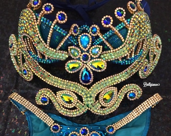 Traje de samba inspirado en pavo real, disfraz de carnaval con diamantes de imitación