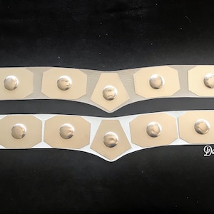 Può includere: Due cinture argentate con accenti metallici. La cintura superiore è lunga 79 cm e quella inferiore 71 cm. Ogni cintura presenta una serie di placche ottagonali con un borchia centrale. Le cinture sono su sfondo scuro.