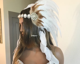 Großes weißes Indianer Kopfschmuck, Feder Kopfschmuck, Feder Krone, Ureinwohner Krone, Feder Haarband