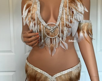 Feather Plunge Rave Bra, Rhinestone Fringe, Indian Outfit
