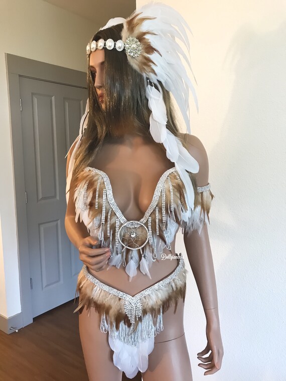 sexy native american lingerie Feather Plunge Rave Bra, Rhinestone Fringe, Indian Outfit