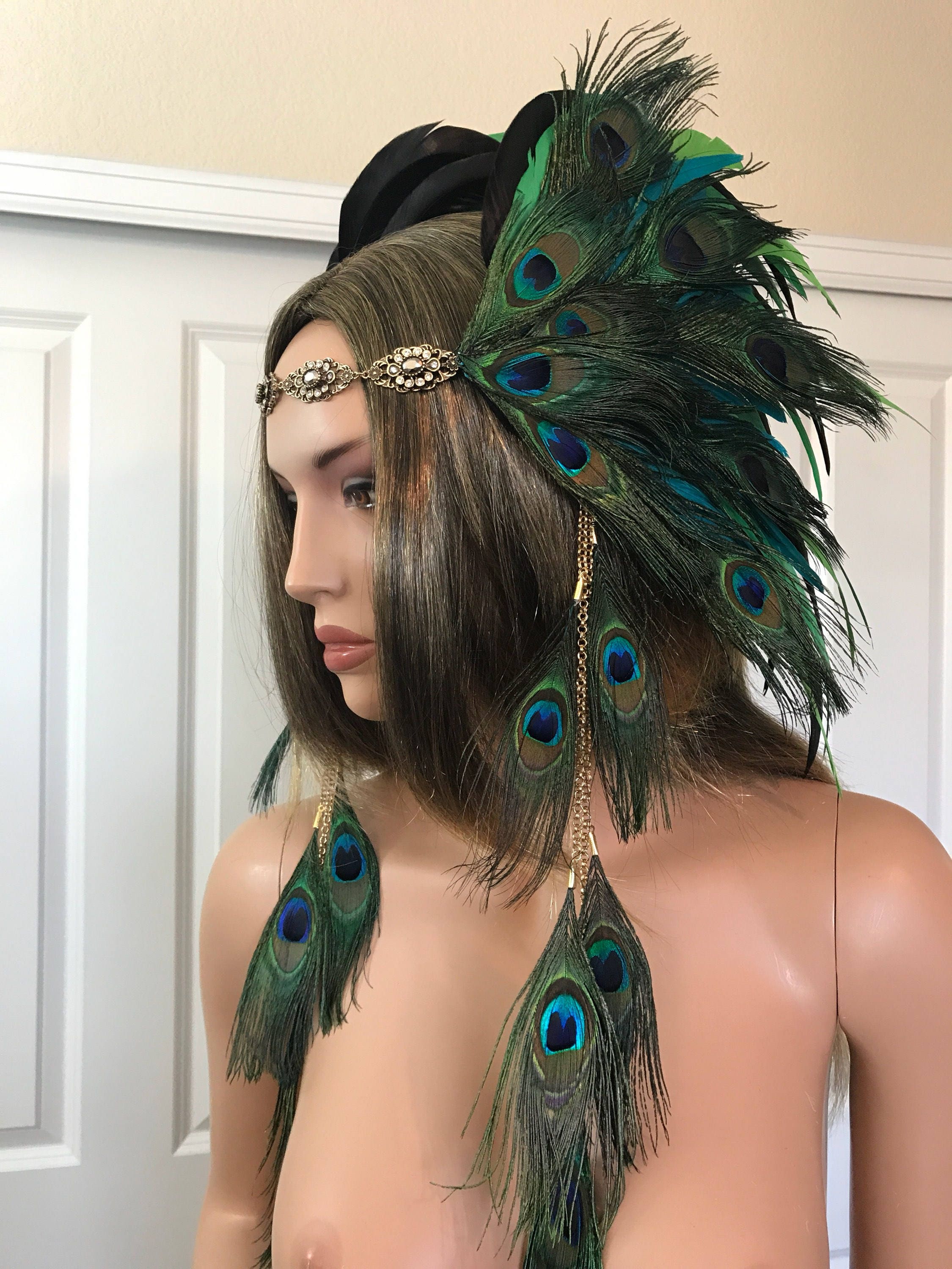 Tocado hippie de plumas de pavo real indio para mujer, disfraz de  Halloween, carnaval, fiesta de lujo