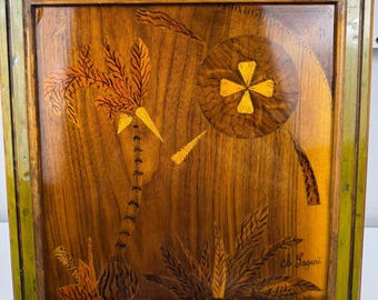 Vtg Signed Italian Wood Marquetry Intarsia Palm Tree Wall Art MCM 14x14