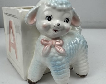 Vtg Inarco Japan Baby Lamb Planter ABC Block Nursery Kitsch 1950s