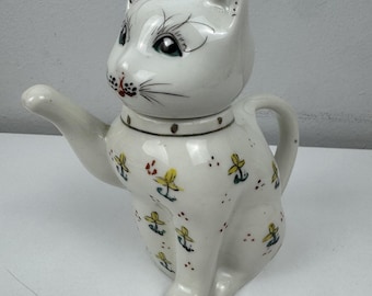 Tetera/cremera de cerámica vintage de 14 cm (5,5 pulgadas) con diseño floral blanco y figura de gatito.