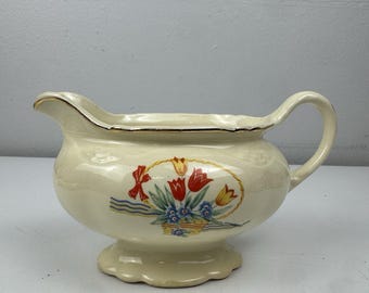 Vtg 1948 Homer Laughlin Virginia Rose Tulips Basket Creamer Gold Trim USA