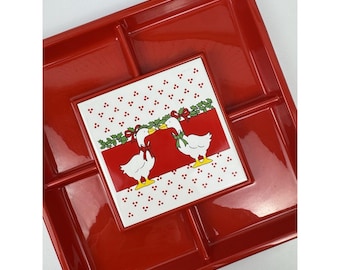 Vtg 80s Christmas Geese Red Divided Snack Tray 12" Plastic Cottagecore Holiday