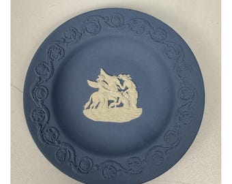 Wedgwood Blue Plate Jasperware Pegasus Muses Trinket Tray England 4.5"