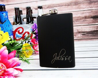 Bridesmaid Flasks, Gifts for Women Steel Anniversary 11th, Script Wedding Font, Monogram Engraving, Custom Liquor Whiskey Tequila Flask