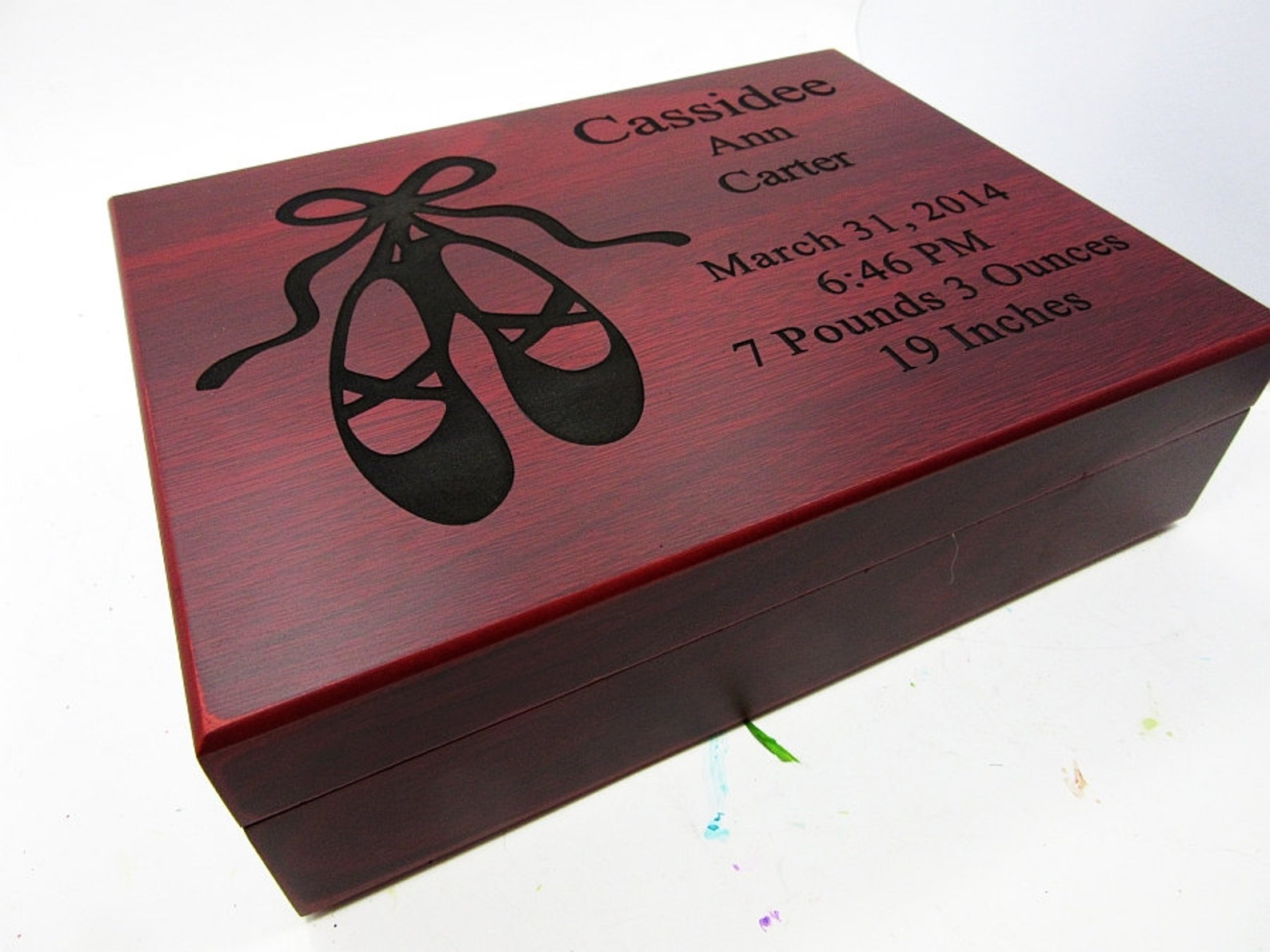 personalized baby keepsake gift box in rosewood finish - baby girl ballet slipper keepsake box- free engraving