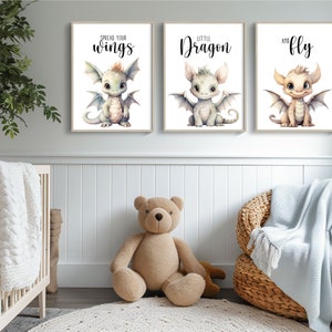 Uniseksualne, drukowane grafiki do pokoju dziecięcego, pokój dziecięcy ze smokami, nadruki ze smokami, chłopczyk/dziewczynka, nadruki do pokoju dziecięcego, rozłóż skrzydła, mały smoku i leć