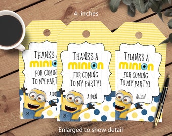 4" Personalized printable minion thank you tags,birthday gift tags, party favors, 8 per page print and cut